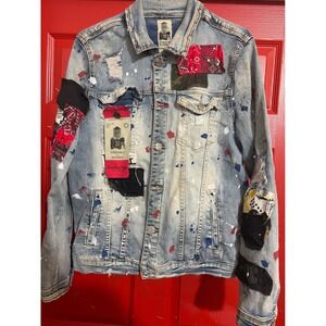 Industrial Indigo Mason Ry Dnm Distressed Patchwork Denim Jacket L